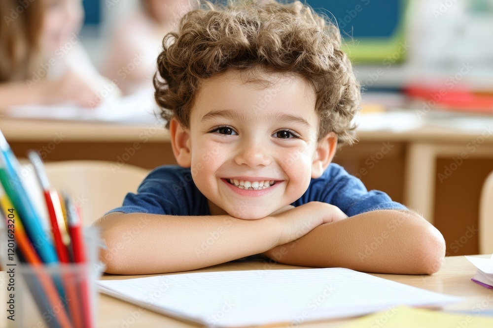 Motivated student smiling at feedback from educator on a writing assignment, neutral desk setting Motivated student smiling at feedback from educator on a writing assignment, neutral desk setting