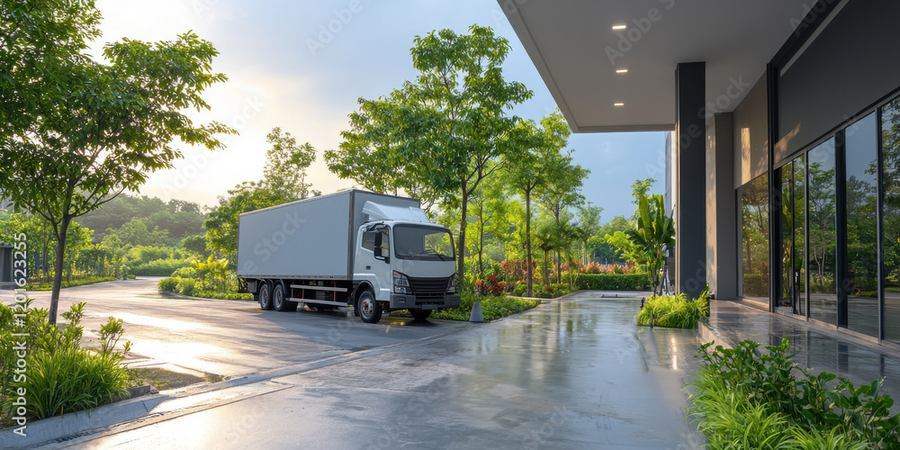 Electric delivery truck parked near modern logistics center surrounded by greenery Electric delivery truck parked near modern logistics center surrounded by greenery