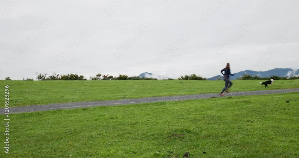 A woman is walking from left to right along a path in a green field. She is walking her dog. A woman is walking from left to right along a path in a green field. She is walking her dog.