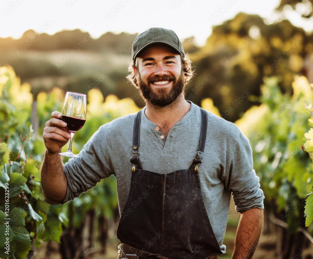 Smiling vineyard worker celebrates grape harvest with a glass of red wine in golden evening light Smiling vineyard worker celebrates grape harvest with a glass of red wine in golden evening light