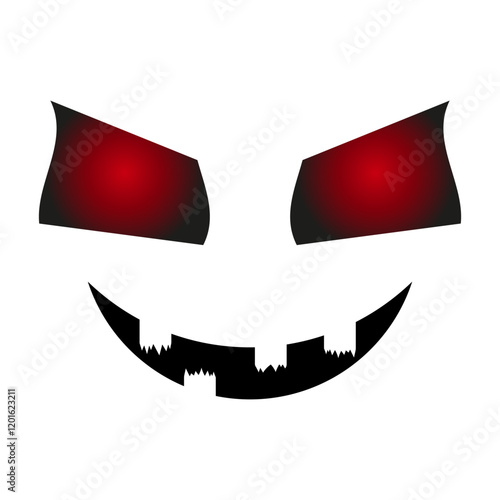 Scary eyes and smile for Halloween characters design. Glowing red gradient eyes for ghosts and pumpkins. Creepy emotions face element. Isolated on white background.
