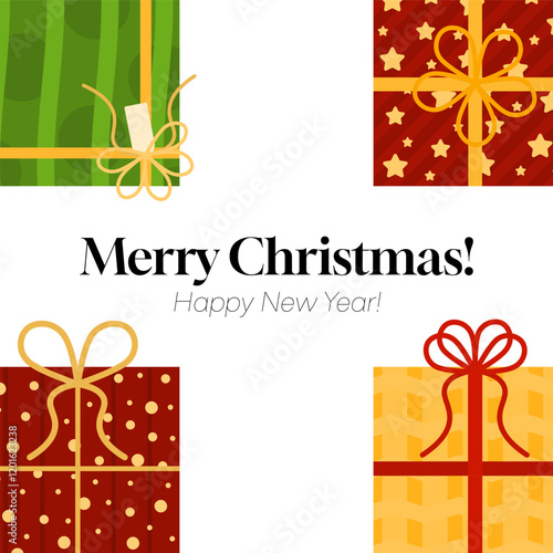 Square banner for Christmas and New Year promotion. Christmas congratulation card with cute gifts box on white background. Flat style banner for Christmas sale. Social media and print square banner.