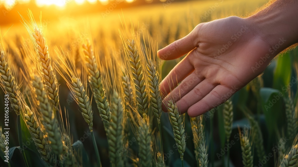 Naklejka premium Embracing Nature: Hand Touching Green Wheat Field in Golden Sunlight - Sustainable Farming and Organic Agriculture Concept