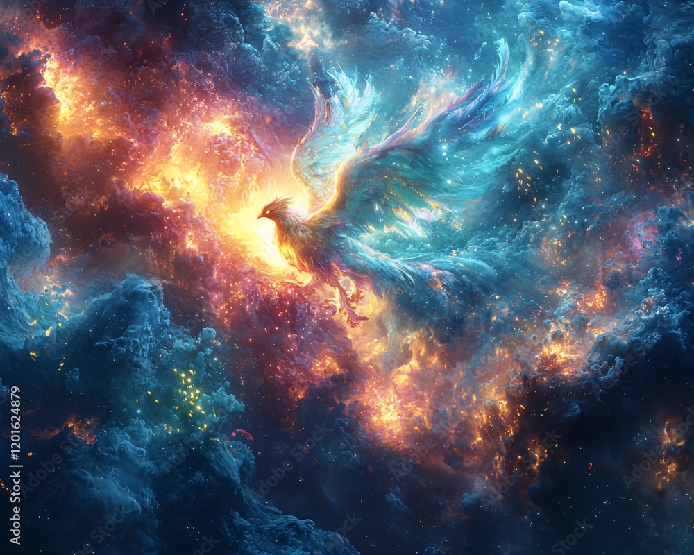 Fiery phoenix rising from cosmic clouds. Fiery phoenix rising from cosmic clouds.