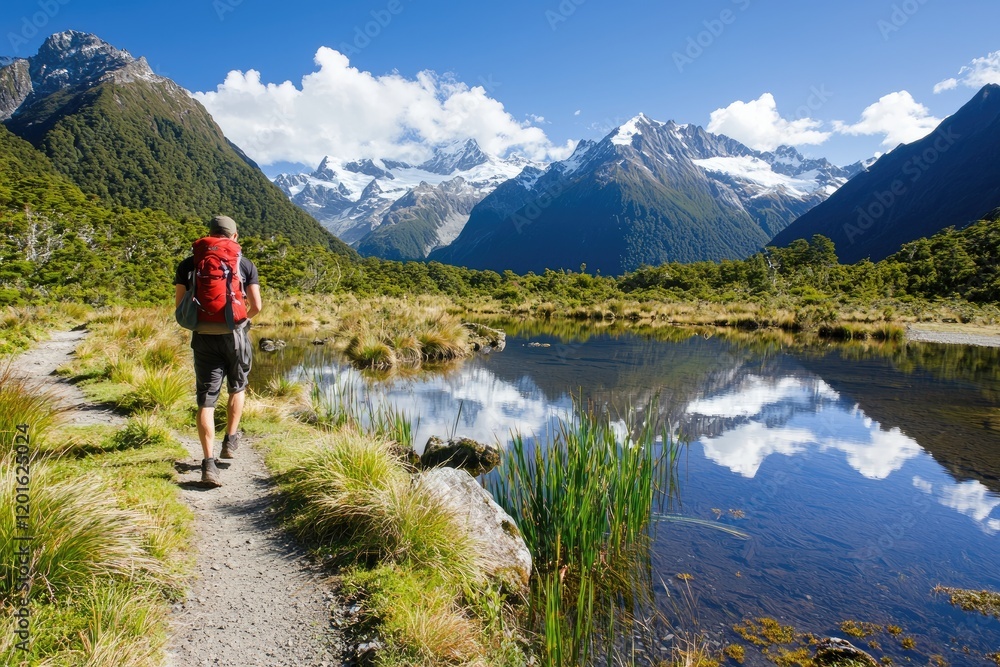 A backpacker exploring a winding trail near a tranquil lake, reflecting the surrounding mountains A backpacker exploring a winding trail near a tranquil lake, reflecting the surrounding mountains