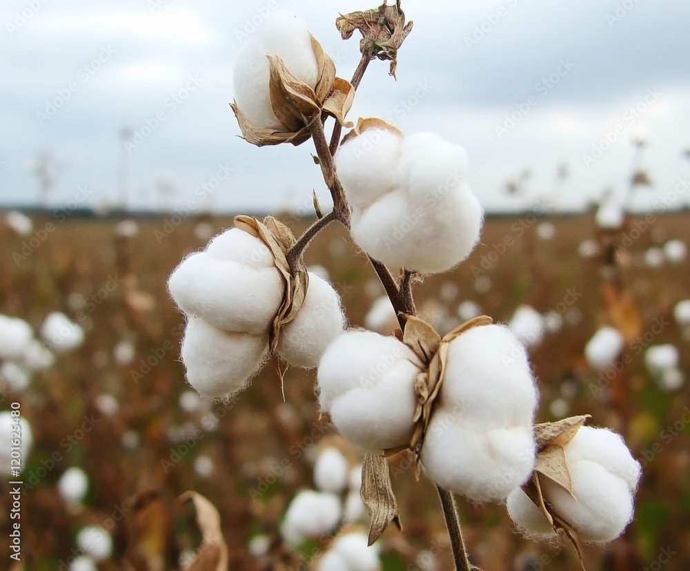 Cotton plants bloom in a field near a rural area during the early autumn season under a cloudy sky Cotton plants bloom in a field near a rural area during the early autumn season under a cloudy sky