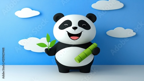 Cartoon panda holding bamboo.  Cute, happy, cartoon character,  adorable,  animal,  panda,  bamboo,  nature,  cute panda,  happy panda,  cartoon,  character design,  design,  3D render,  illustration, photo