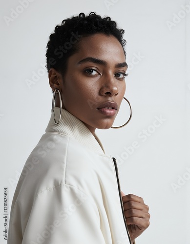 Stylish Woman in Cream Bomber Jacket and Silver Hoops