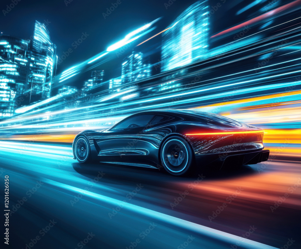 Dynamic night drive showcasing a sleek car racing through a vibrant cityscape illuminated by neon lights Dynamic night drive showcasing a sleek car racing through a vibrant cityscape illuminated by neon lights