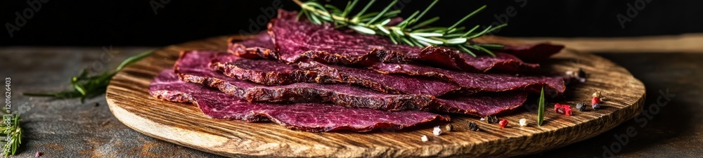 Close-Up of Dried Beef Slices with Rustic Garnish and Textural Detail in a Minimalist Setting Close-Up of Dried Beef Slices with Rustic Garnish and Textural Detail in a Minimalist Setting