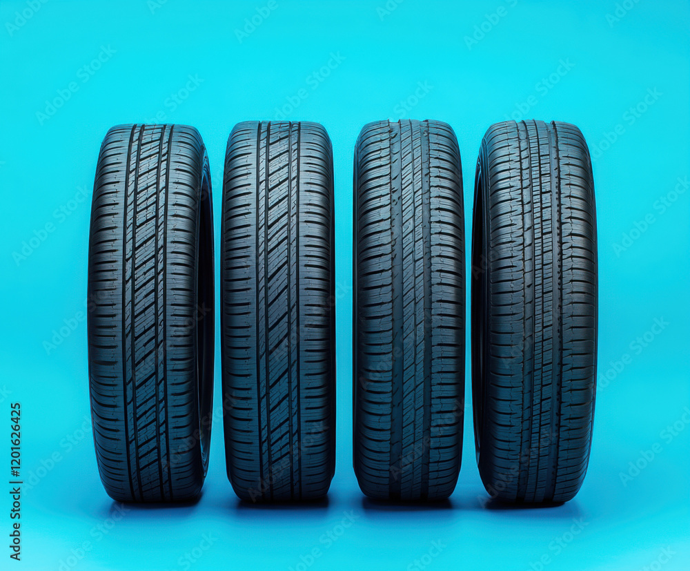High-quality automotive tires displayed in a row against a bright blue background showcasing modern design and texture High-quality automotive tires displayed in a row against a bright blue background showcasing modern design and texture