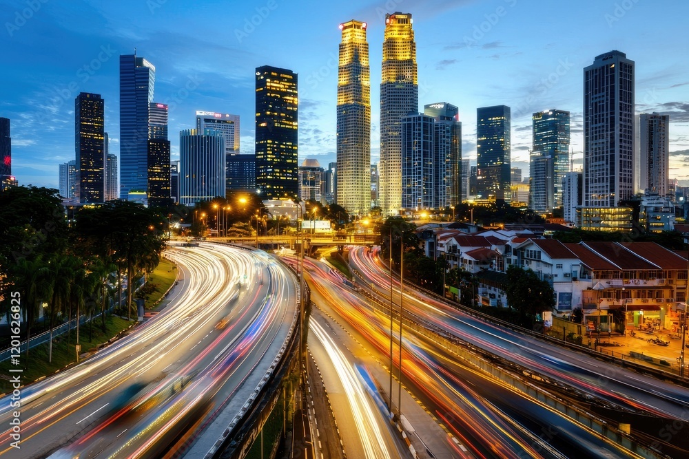 Urban landscape at twilight, showcasing a skyline with iconic buildings and busy streets below Urban landscape at twilight, showcasing a skyline with iconic buildings and busy streets below