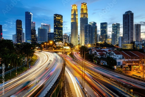 Urban landscape at twilight, showcasing a skyline with iconic buildings and busy streets below
