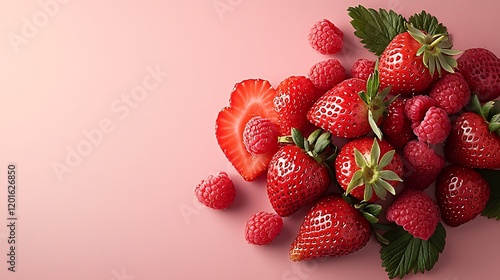 Fresh Strawberries and Raspberries on a Pink Background - Ideal for Food Advertising or Recipe Blogs photo