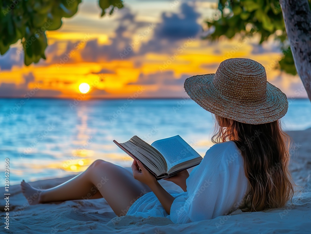Fototapeta premium Woman reading a book on the beach at sunset
