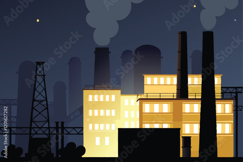 A breathtaking nighttime view of a sprawling industrial complex, its silhouette illuminated by a network of bright lights.