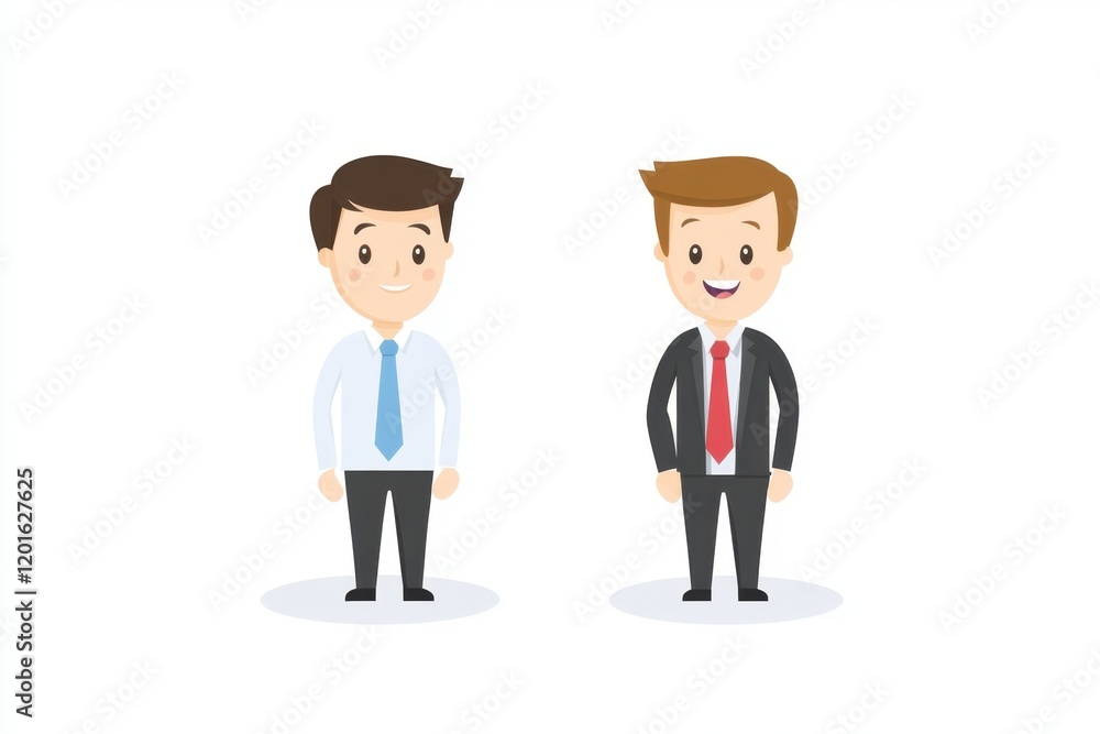 Two cartoon characters in professional attire, one in a white shirt and blue tie, the other in a black suit with a red tie, showcasing different styles. Two cartoon characters in professional attire, one in a white shirt and blue tie, the other in a black suit with a red tie, showcasing different styles.
