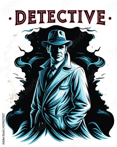 A vintage movie poster showcasing a shadowy detective with a fedora, cigarette, and trench coat, standing against a gritty city backdrop.