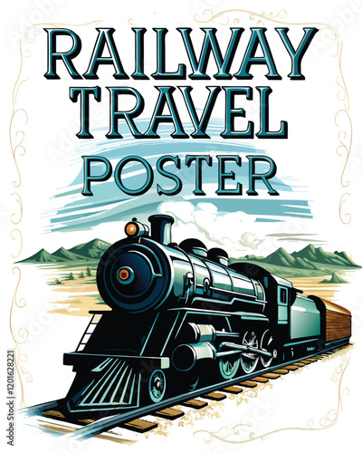 A vintage railway travel poster featuring a powerful steam locomotive pulling a train through a scenic landscape.
