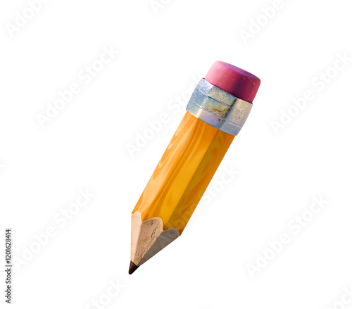 A cartoon-style 3D yellow pencil on a white background with detailed reflections and shadows. A highly detailed design perfect for Knowledge Day, September 1st, or back-to-school themes.
