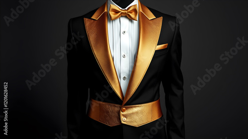 men's black tuxedo in vector format with gold lapels metallic texture. Also add metallic Golden cummerbund that shows through. Generative AI photo