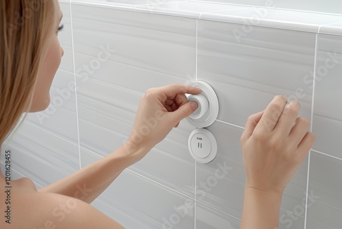 Individual adjusting the temperature settings on a white radiator for optimal indoor comfort photo