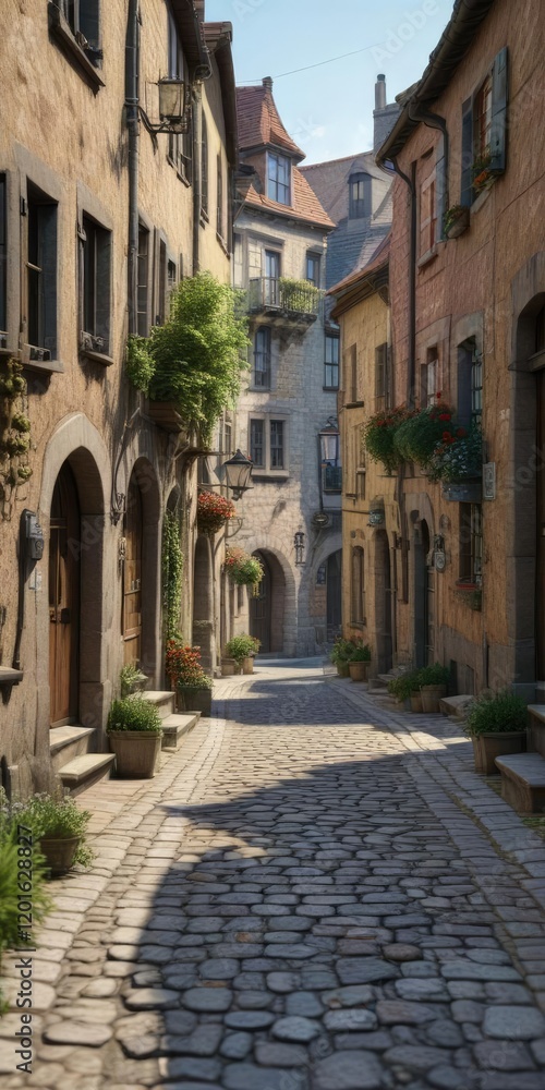 Charming cobblestone street in a quaint European village, quaint, european, village Charming cobblestone street in a quaint European village, quaint, european, village