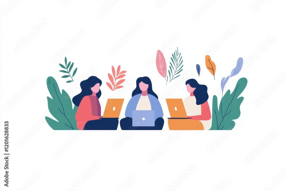 Three women collaborate with laptops in a vibrant, nature-inspired setting, showcasing teamwork and creativity. Three women collaborate with laptops in a vibrant, nature-inspired setting, showcasing teamwork and creativity.
