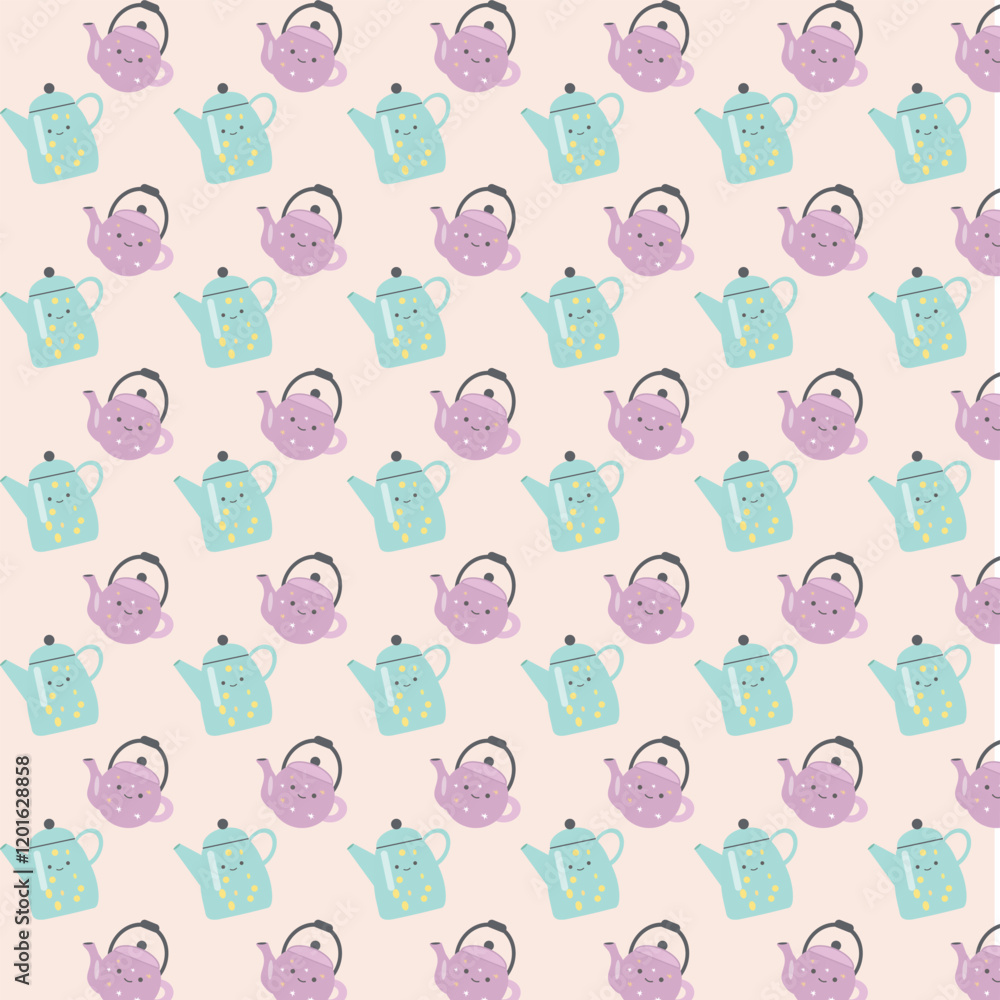 seamless pattern vector, cartoon teapots with happy face on beige background,cute teapot in flay style repeat pattern seamless pattern vector, cartoon teapots with happy face on beige background,cute teapot in flay style repeat pattern