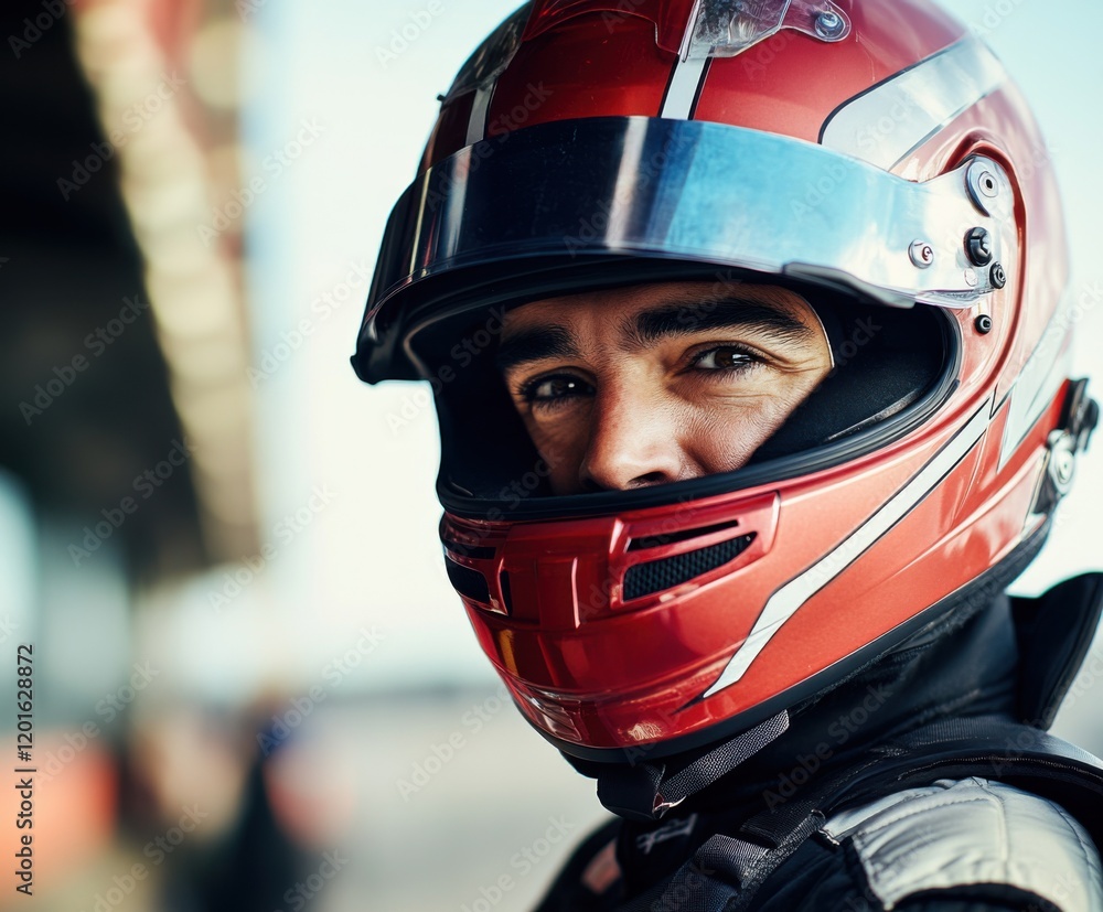 Race car driver preparing for competition at a motorsport event in the early morning Race car driver preparing for competition at a motorsport event in the early morning