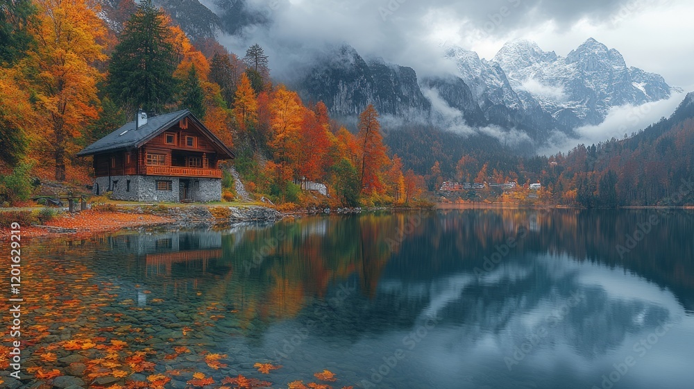 Fototapeta premium Autumnal lake house, mountain reflection, foggy Alps