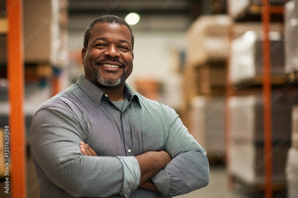 A smiling man in a checkered shirt stands confidently in a warehouse, surrounded by stacked boxes and shelves. A smiling man in a checkered shirt stands confidently in a warehouse, surrounded by stacked boxes and shelves.
