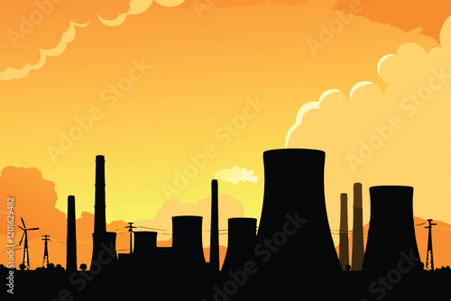 A stark silhouette of a power plant against a fiery orange and purple sunset, with a large bridge in the foreground.