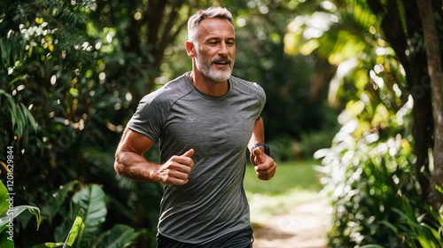 A vibrant scene of a middle-aged man jogging in a lush park, showcasing an active and healthy lifestyle. Ideal for fitness, wellness, or outdoor activity visuals.