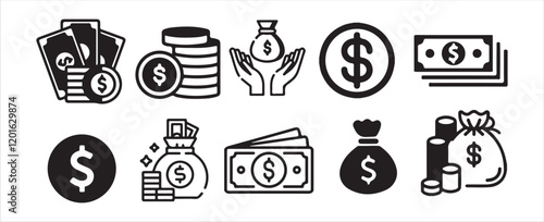 Finance icons set.Money, budget, savings, loan, cash, earning, income, wallet, currency, dollar, card, coin, revenue, piggy bank, and profit icon set.