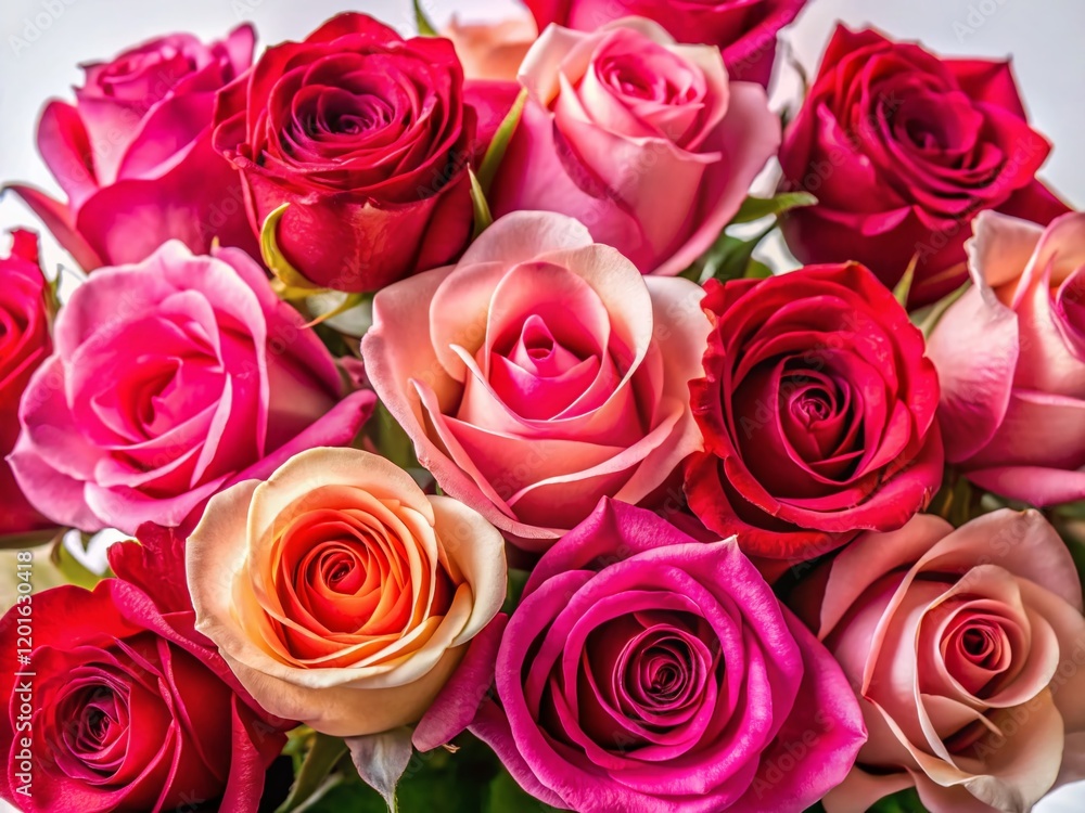 Vibrant Pink & Red Rose Bouquet Close-Up - White Background Stock Photo Vibrant Pink & Red Rose Bouquet Close-Up - White Background Stock Photo