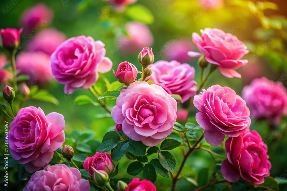 Vibrant Pink Roses in Lush Green Bush - Tilt-Shift Photography Vibrant Pink Roses in Lush Green Bush - Tilt-Shift Photography