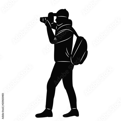 man photographer with backpack black silhouette vector