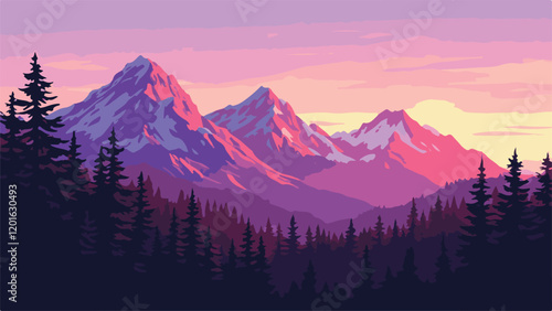 Sunset Over Majestic Peaks Vector Illustration