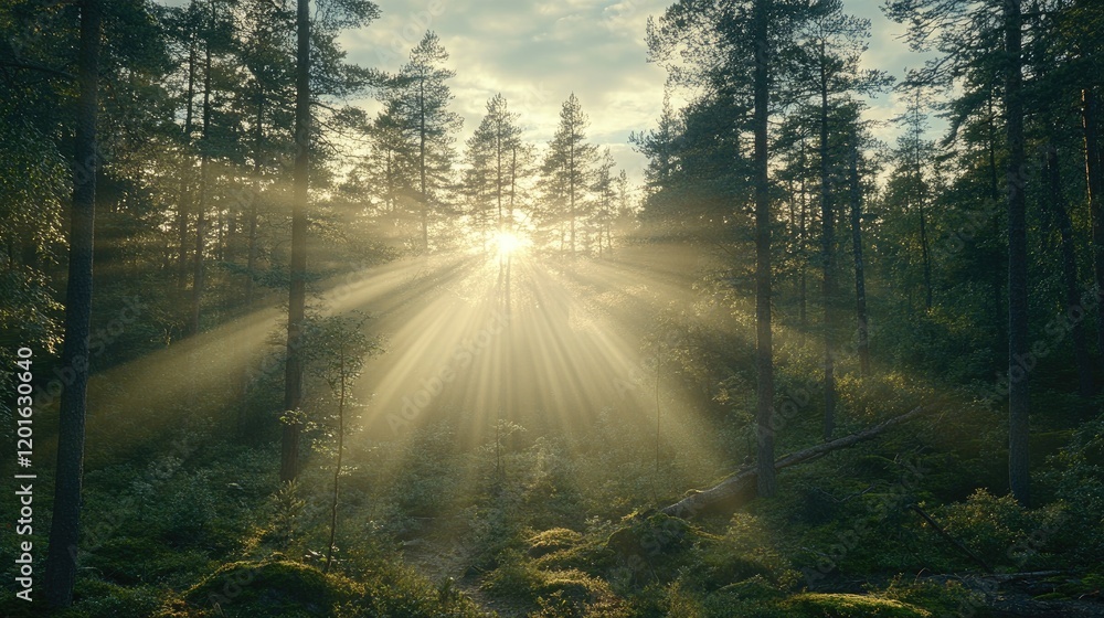 Obraz premium Sun rays through forest, tranquil morning scene, nature background, peaceful wallpaper