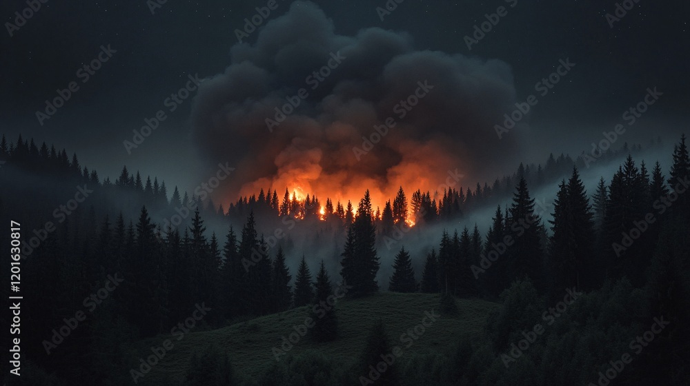 Fototapeta premium Raging Fire in the Forest Under the Night Sky