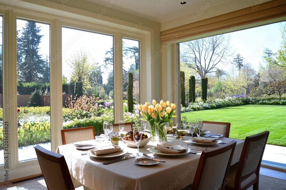 Fototapeta premium Timeless dining area with vintage accents, intricate table setting, and a calming atmosphere