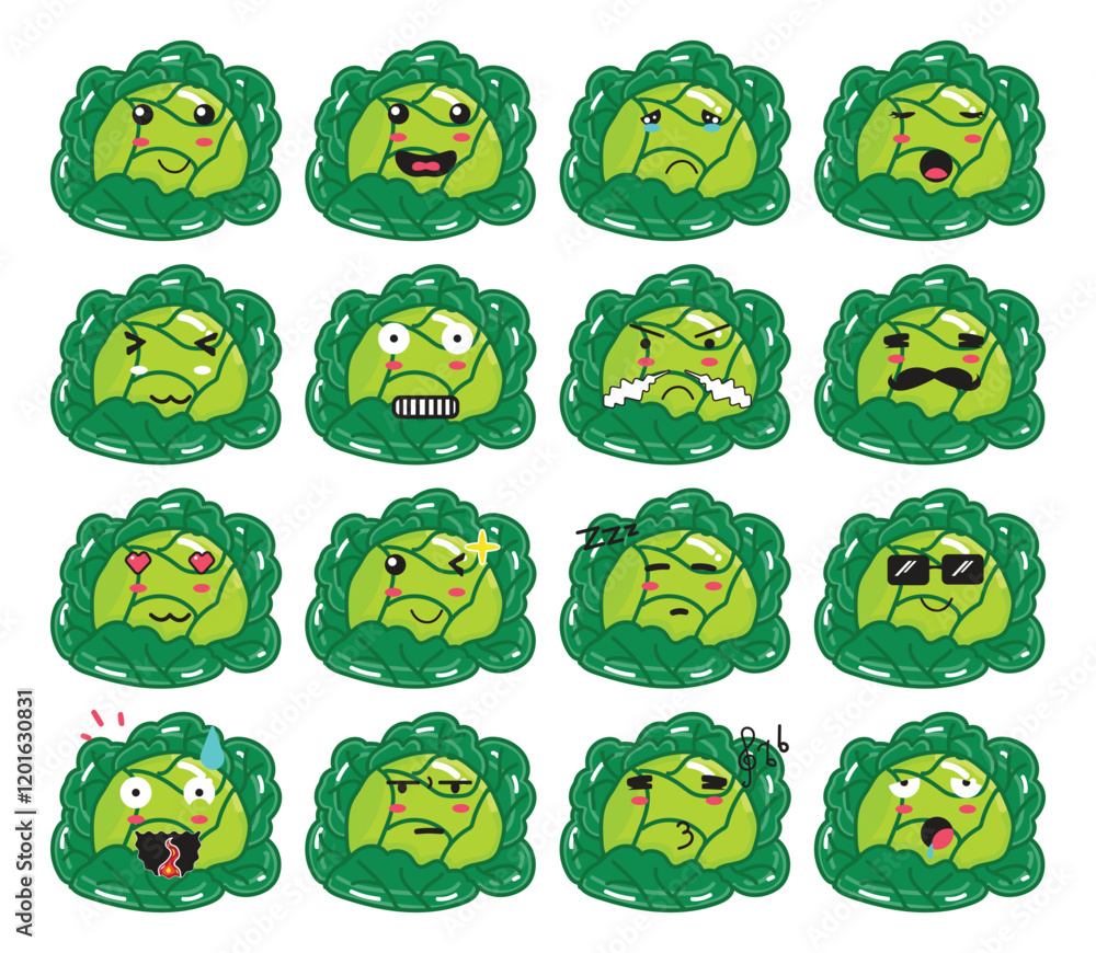 Obraz premium A Cute Cartoon cabbage with various Expression set for Emoji or sticker project