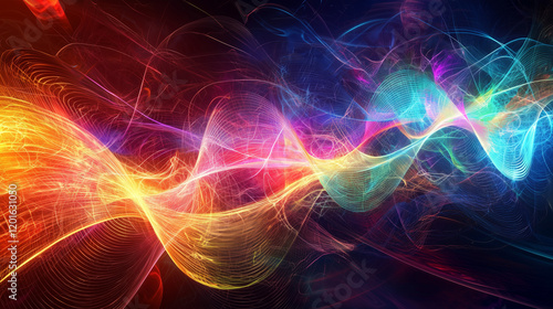 A 3D visualization of quantum wavefunctions, represented as colorful, glowing wave patterns in a dark, futuristic setting.