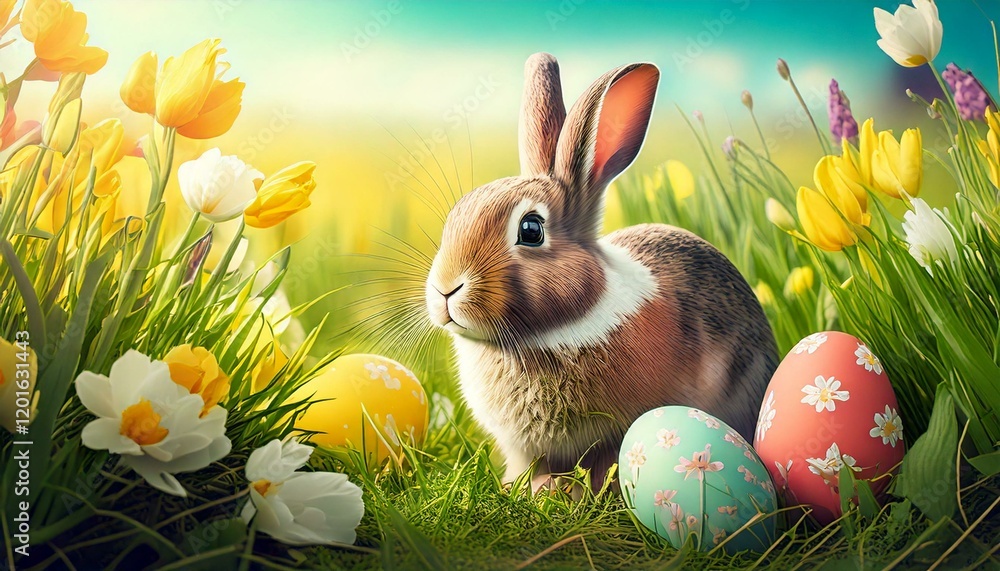 Fototapeta premium Hare and Easter eggs in a spring meadow