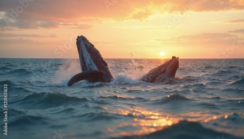 Stunning Humpback Whales Breaching at Sunset Ocean photo