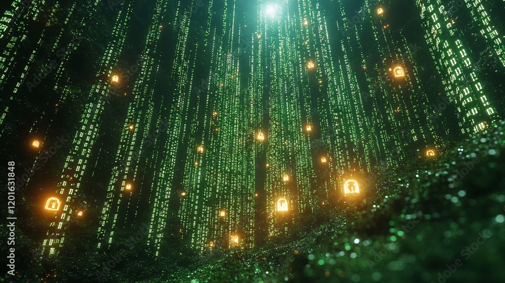 Naklejka premium Digital Matrix Background with Glowing Padlocks.