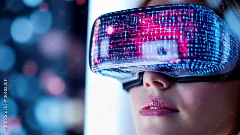 Woman with futuristic VR display, horizontal, suitable for technology innovation, digital transformation, virtual reality experiences and future tech presentations Woman with futuristic VR display, horizontal, suitable for technology innovation, digital transformation, virtual reality experiences and future tech presentations