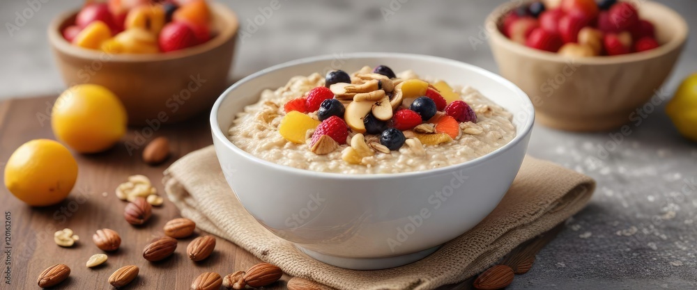 Bowl of homemade oatmeal with fruits and nuts, wholesome, morning meal, nutritious Bowl of homemade oatmeal with fruits and nuts, wholesome, morning meal, nutritious