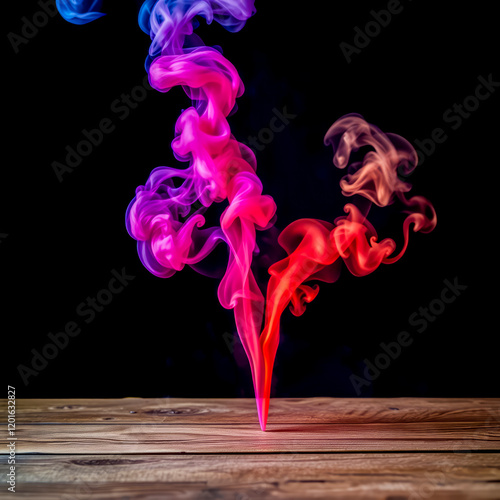 Wallpaper Mural A dark background provides a striking contrast to vibrant, colorful smoke that billows up from an empty wooden table in a captivating stock photo   Torontodigital.ca